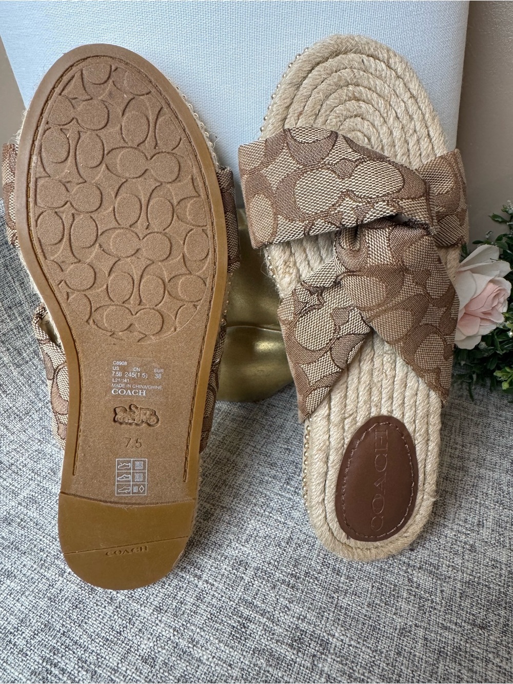 COACH Tan Signature Canvas Espadrille Slide Sandals